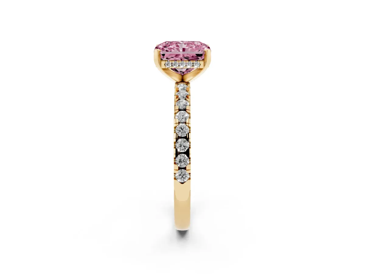 Fancy Pink Radiant Cut Diamond Solitaire Ring with Round Pavé Band and Four-Prong Setting Yellow gold