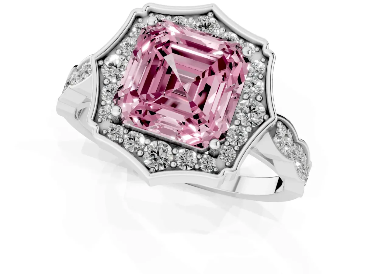 Fancy Pink Asscher Cut Halo Diamond Engagement Ring with Milgrain Band and Four-Prong Setting White gold