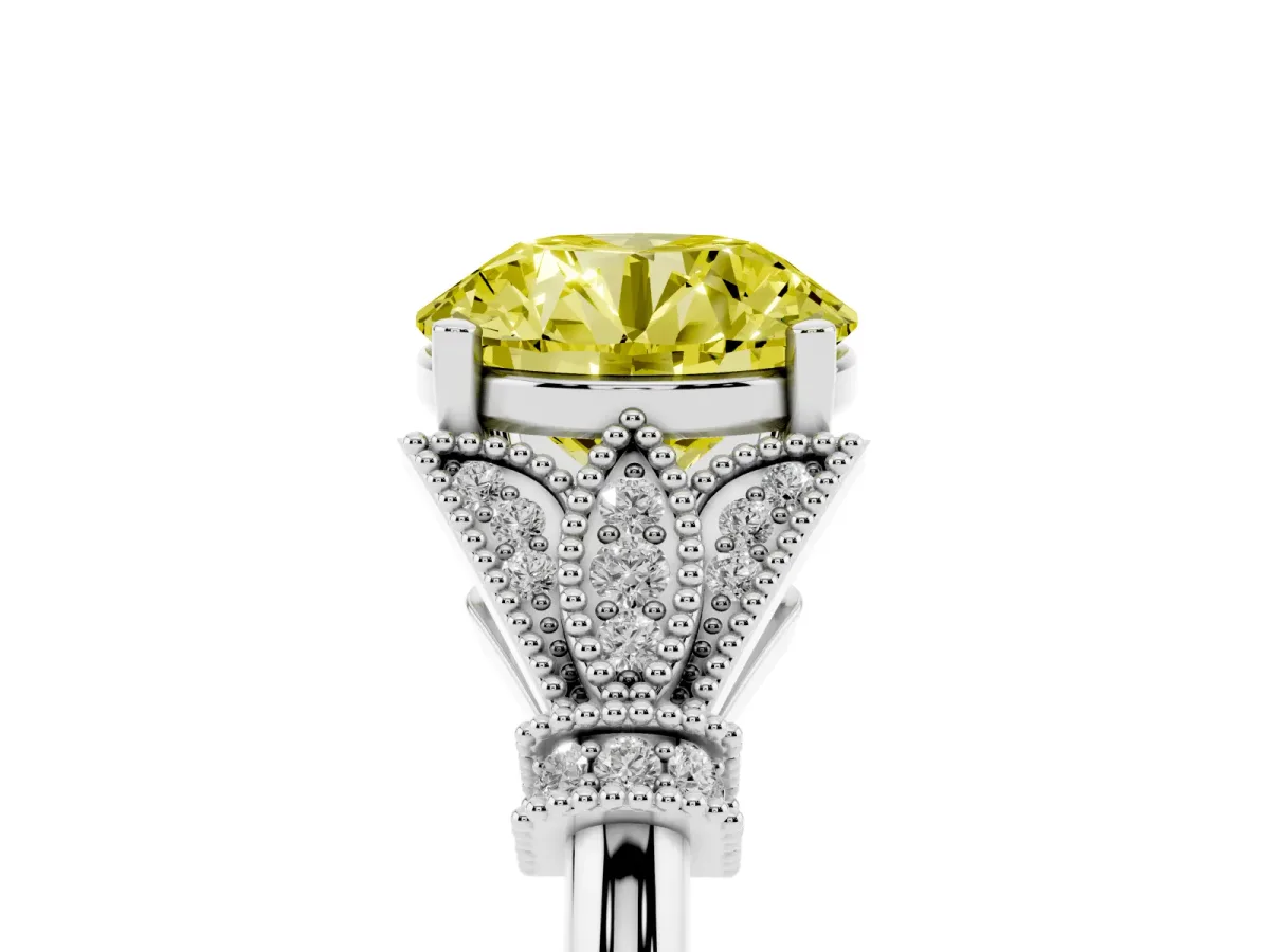 Fancy Yellow Round Cut Diamond Solitaire Ring with Floral Filigree and Pave Accents White gold