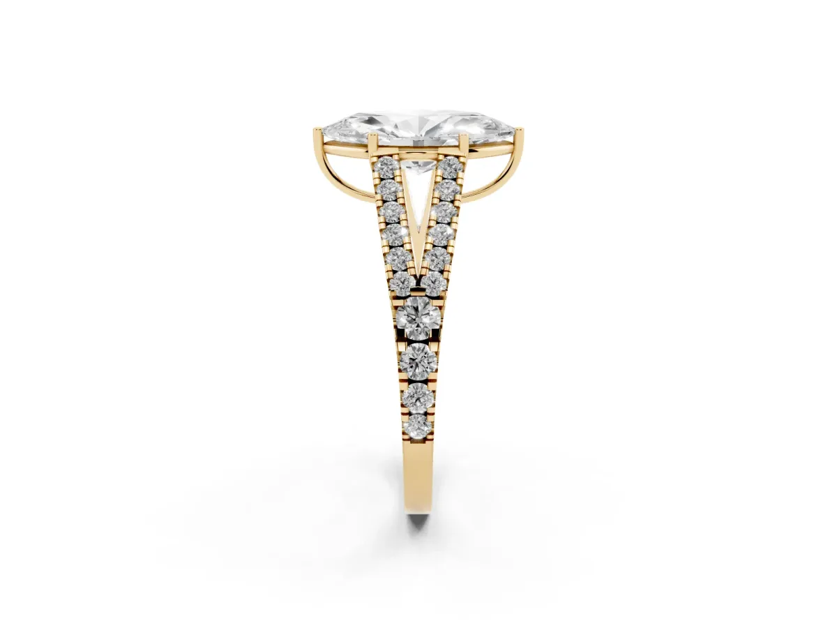 Marquise Cut Diamond Split Shank Pavé Engagement Ring with Four-Prong Setting Yellow gold