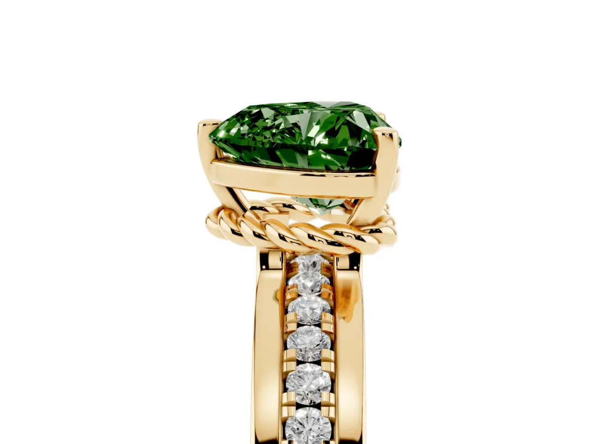 Fancy Green Heart Cut Solitaire Diamond Ring with Channel Set Band and Six-Prong Setting Yellow gold