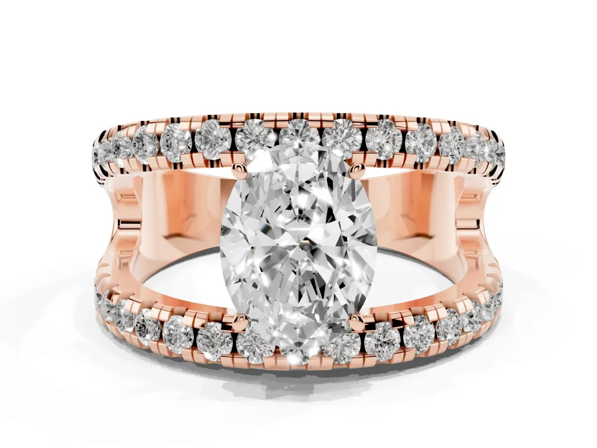 Oval Cut Solitaire Split Shank Pave Diamond Ring Rose gold