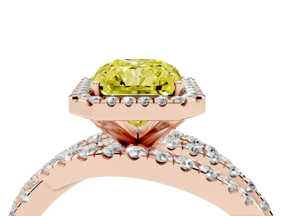 Fancy Yellow Radiant Cut Diamond Halo Ring with Round Split Shank and Prong Setting Rose gold
