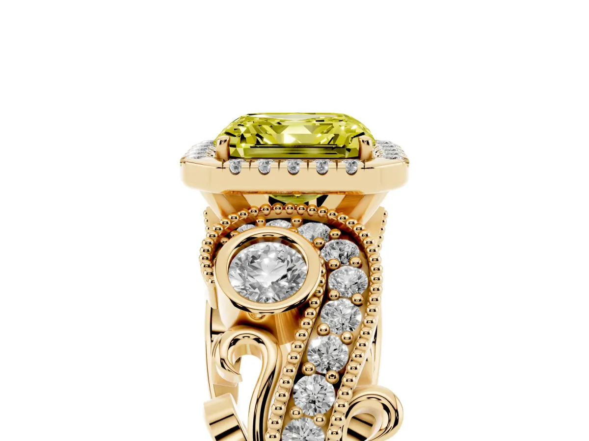 Fancy Yellow Asscher Cut Halo Diamond Ring with Milgrain and Bezel Accents on a Split Shank Band Yellow gold