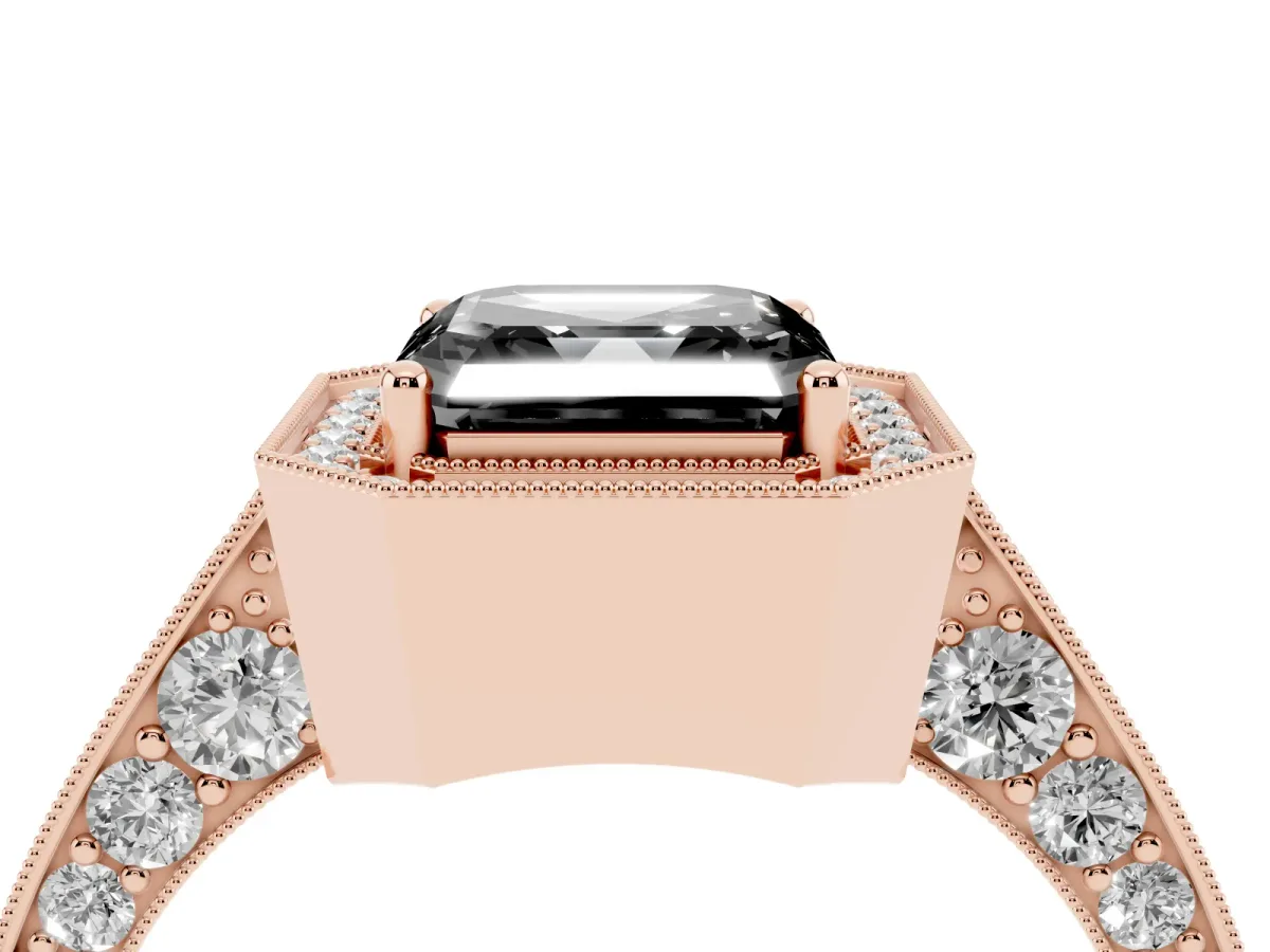 Fancy Black Asscher Cut Halo Diamond Engagement Ring with Split Shank Band and Four-Prong Setting Rose gold