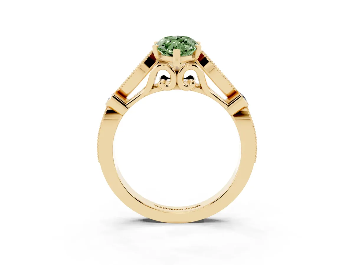 Fancy Green Marquise Cut Cut Diamond with Milgrain Marquise and Bezel Accents on a Solitaire Band with Prong Setting Yellow gold
