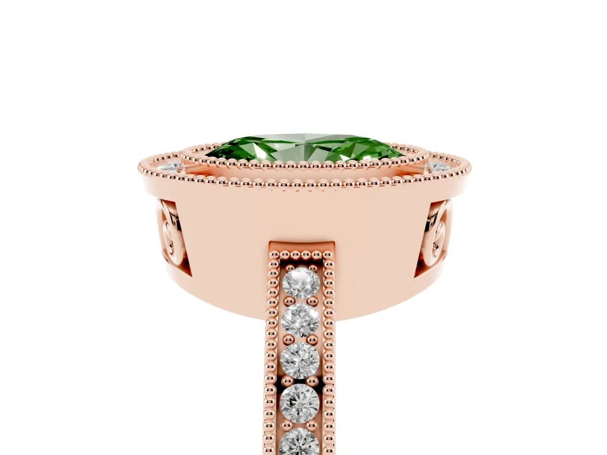 Fancy Green Oval Cut Cut Halo Diamond Ring with Pavé Band and Milgrain Prong Setting Rose gold
