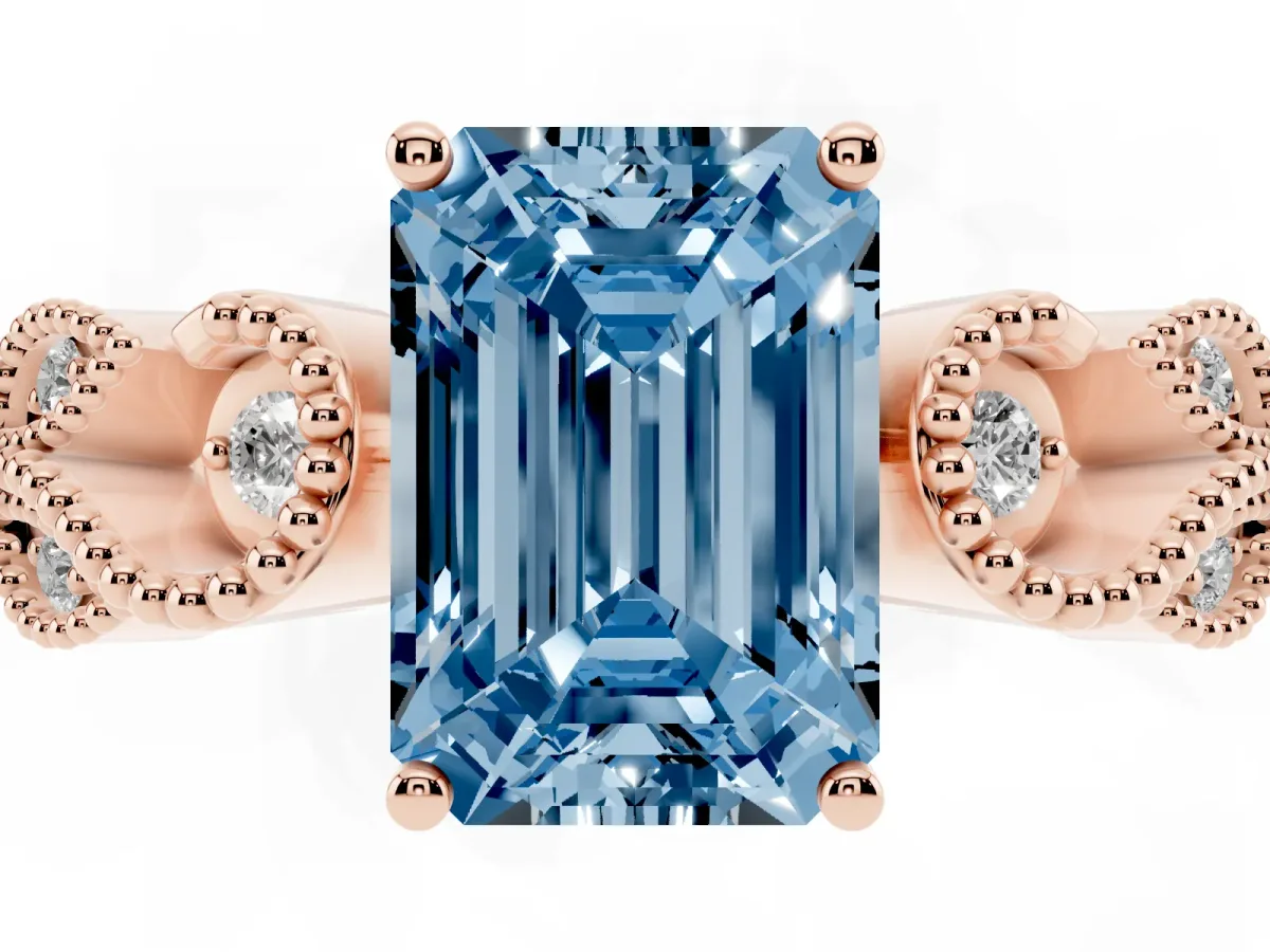 Fancy Blue Emerald Cut Solitaire Milgrain Leaf Band with Prong Setting Rose gold