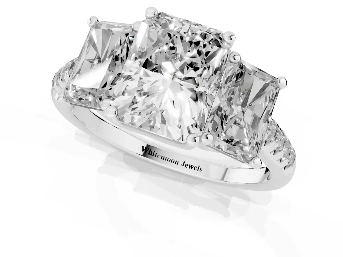 Three-Stone Radiant Cut Diamond Ring with Round Pavé Band and Prong Setting Silver