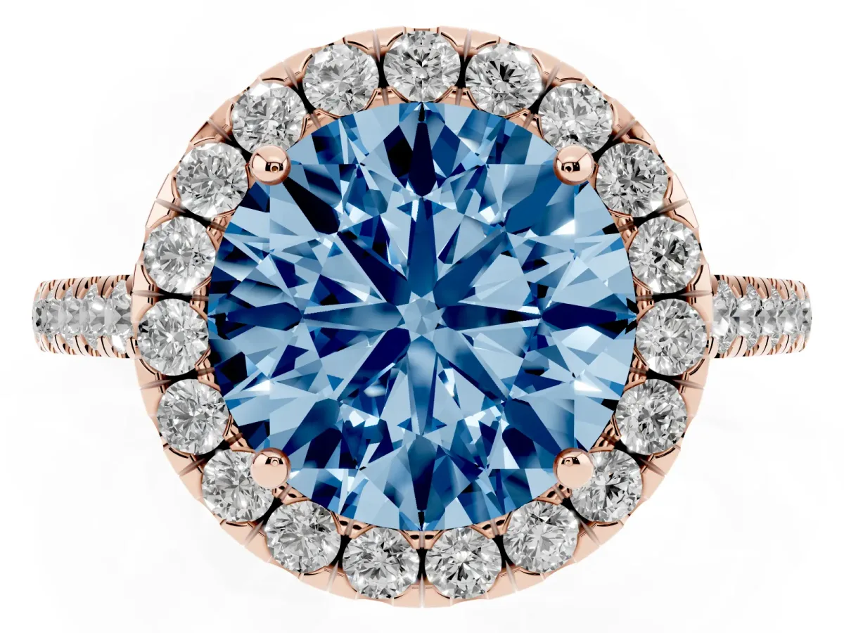Fancy Blue Round Cut Halo Pave Diamond Engagement Ring with Four-Prong Setting Rose gold