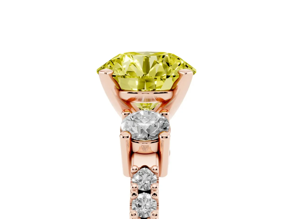 Fancy Yellow Round Cut Three-Stone Diamond Pavé Band with Prong Setting Rose gold