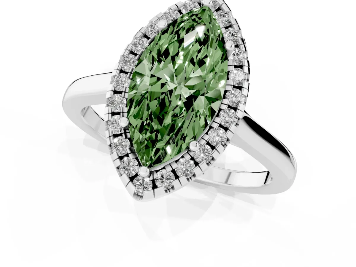 Fancy Green Marquise Cut Halo Round Diamond Solitaire Ring with Pavé Band and Four-Prong Setting White gold