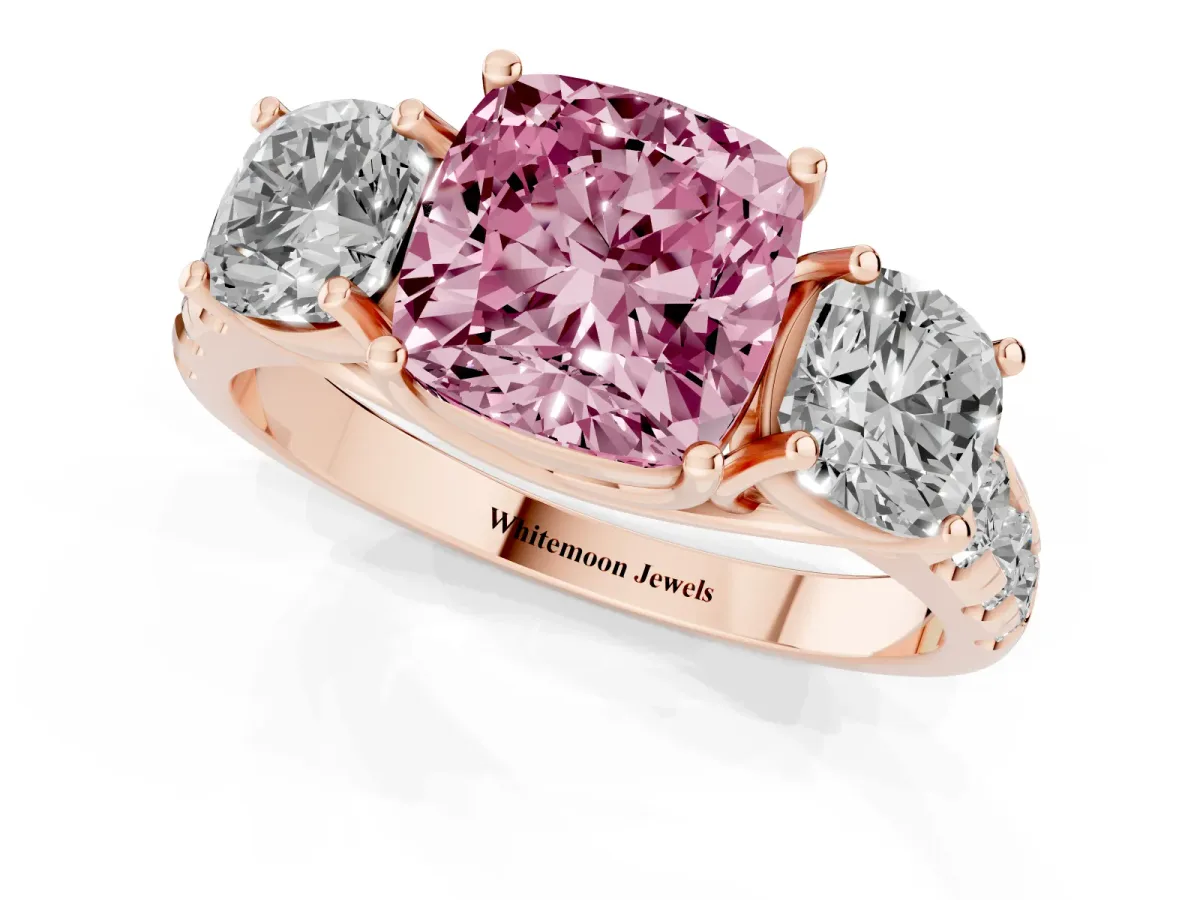 Fancy Pink Three-Stone Cushion Cut Diamond Pavé Band with Prong Setting Rose gold
