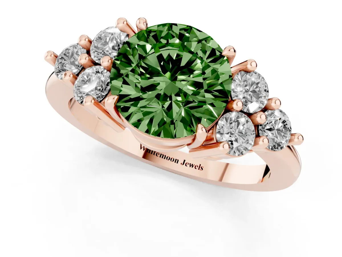 Fancy Green Round Cut Brilliant Diamond Cluster Accent Solitaire Ring with Prong Setting Rose gold