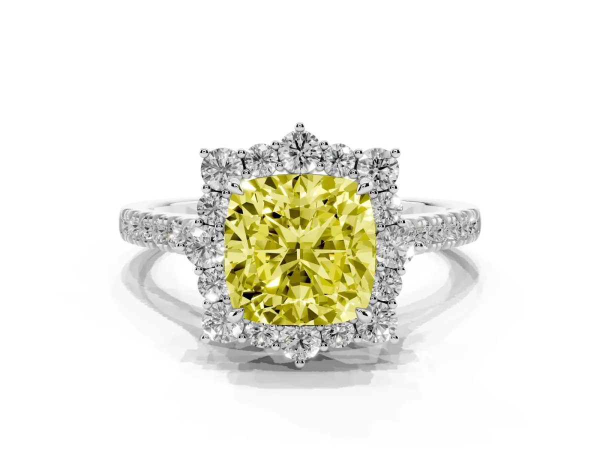 Fancy Yellow Cushion Cut Halo Diamond Ring with Pavé Band and Prong Setting Silver