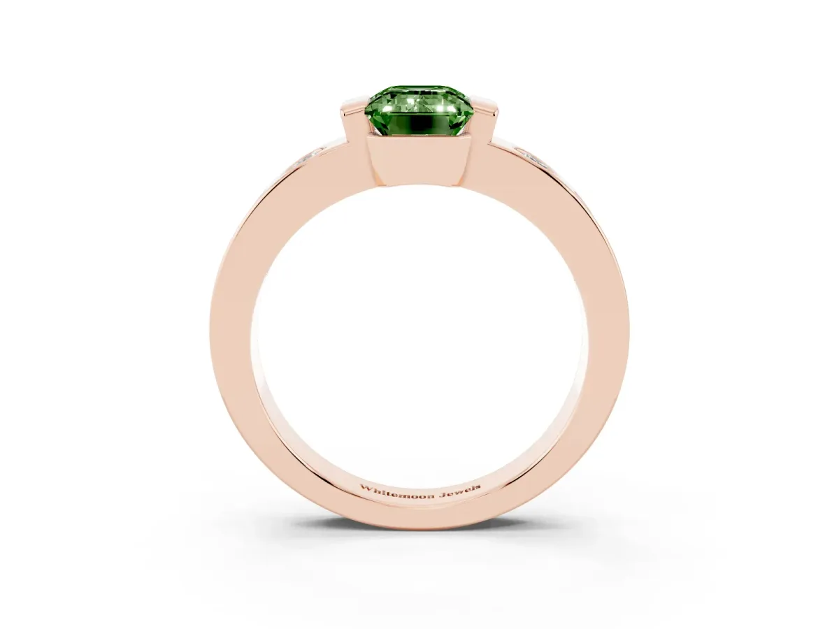 Fancy Green Emerald Cut Brilliant Channel-Set Diamond Ring with Bezel Prong Setting Rose gold