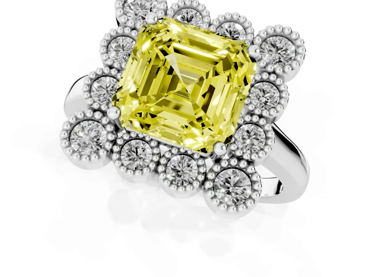 Fancy Yellow Asscher Cut Halo Diamond Cluster Engagement Ring with Milgrain Bezel Setting and Solitaire Band Silver