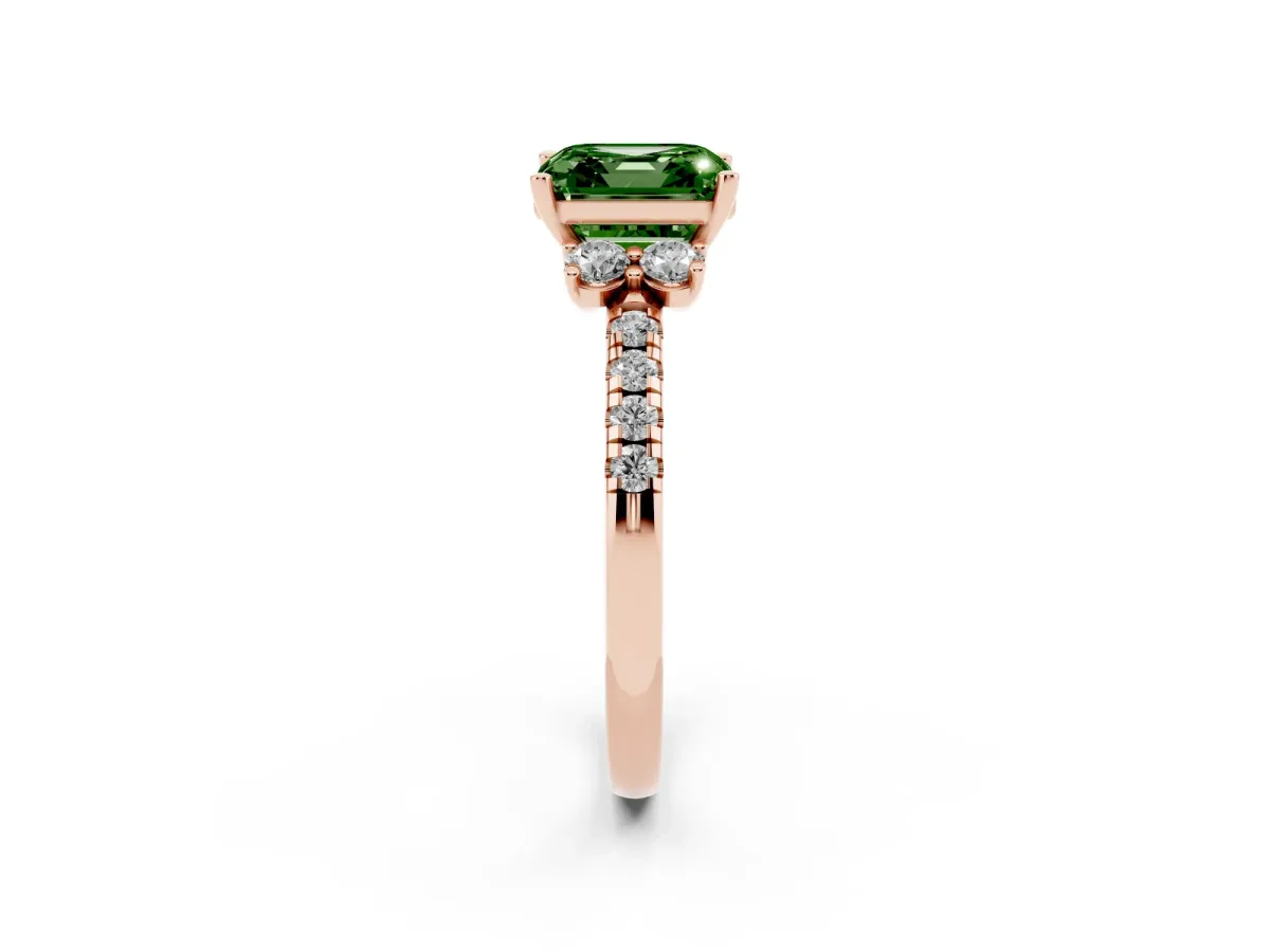 Fancy Green Asscher Cut Diamond Three-Stone Pave Band with Four-Prong Setting Rose gold