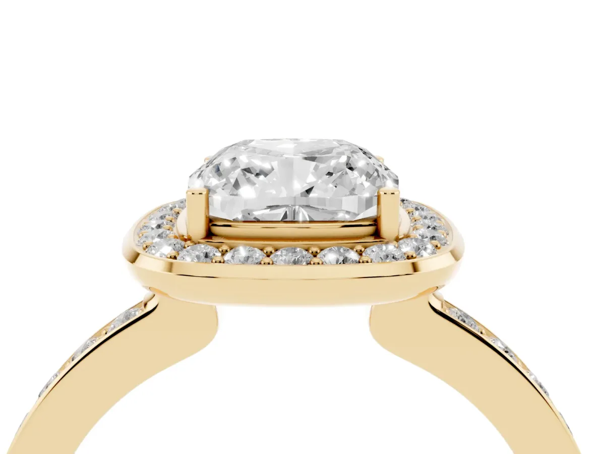 Cushion Cut Diamond Halo Ring with Bezel Frame and Pavé Band Yellow gold