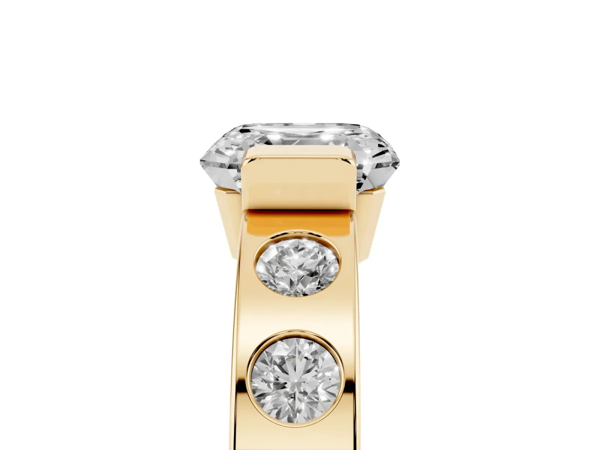 Asscher Cut Brilliant Channel-Set Diamond Ring with Bezel Prong Setting Yellow gold