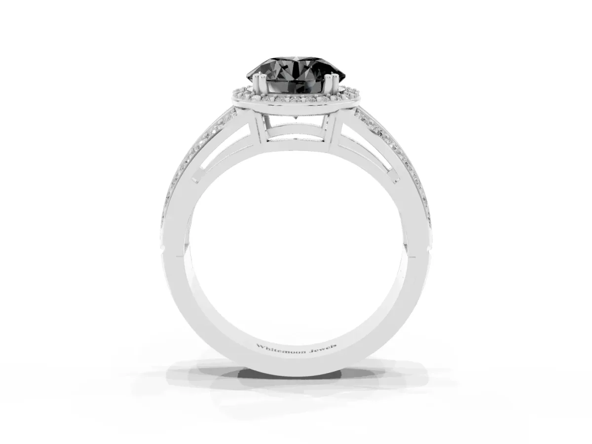 Fancy Black Round Cut Diamond Halo Ring with Split Shank Pavé Band and Four-Prong Setting Platinum