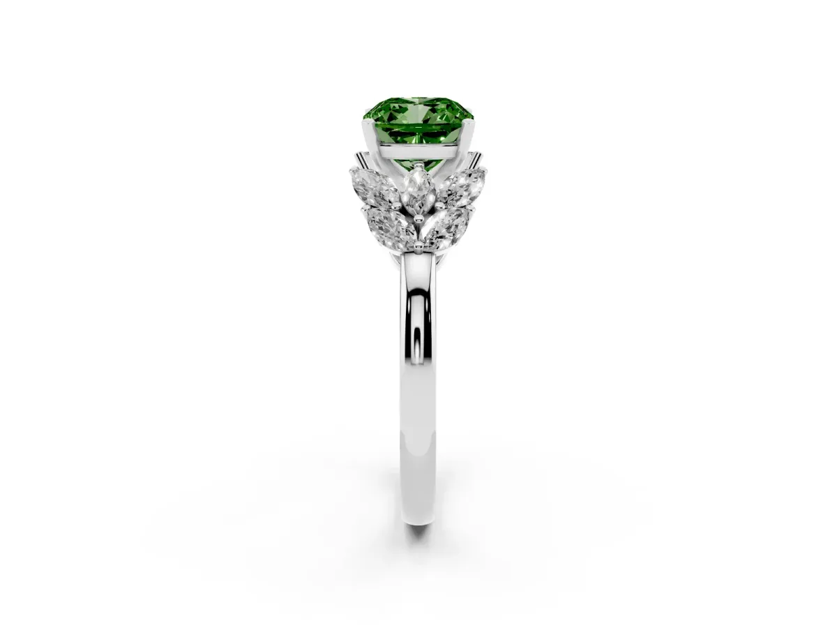 Fancy Green Cushion Cut Diamond Cluster Leaf Design Ring with Prong Setting Platinum