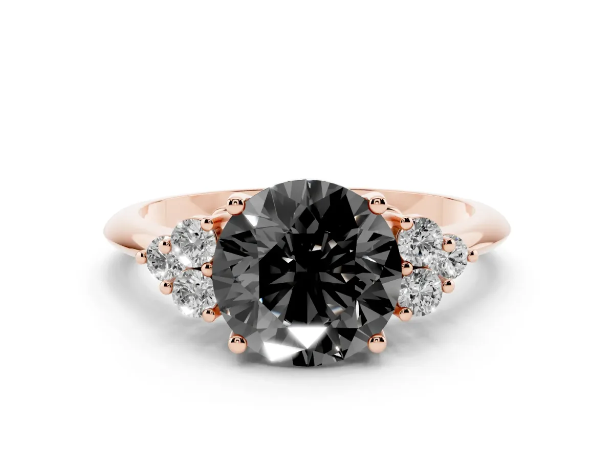 Fancy Black Round Cut Cut Diamond Cluster Ring with Solitaire Band and Four-Prong Setting Rose gold