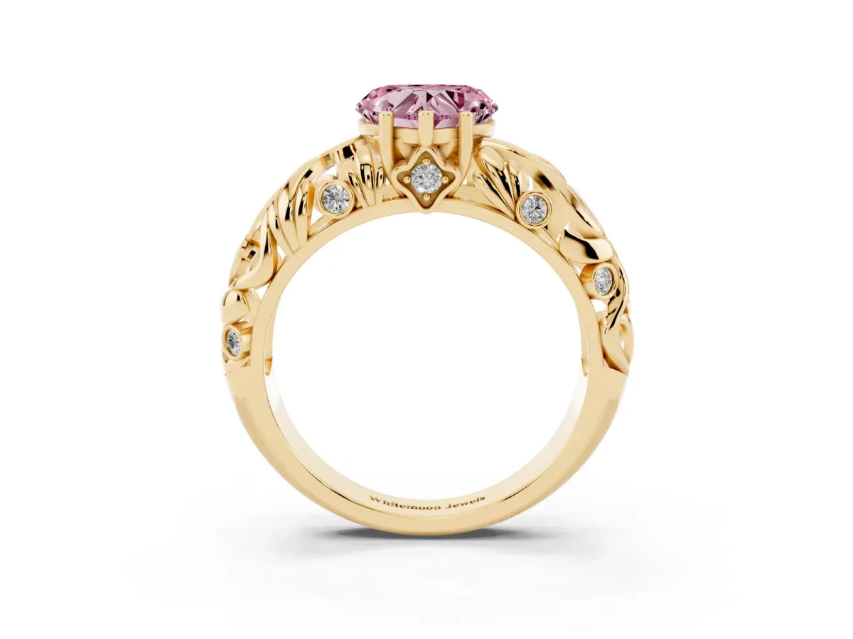 Fancy Pink Heart Cut Solitaire Diamond Leaf-Inspired Vine Band Ring with Prong Setting Yellow gold