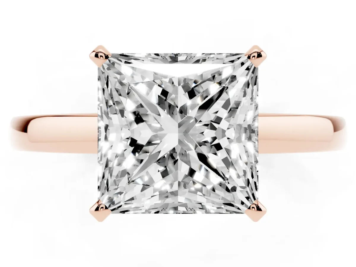 Princess Cut Solitaire Diamond Engagement Ring with Four-Prong Setting on a Classic Band Rose gold