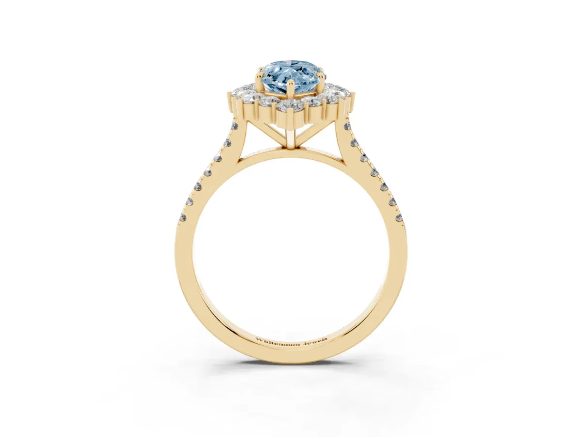 Fancy Blue Marquise Cut Halo Diamond Ring with Pavé Band and Prong Setting Yellow gold