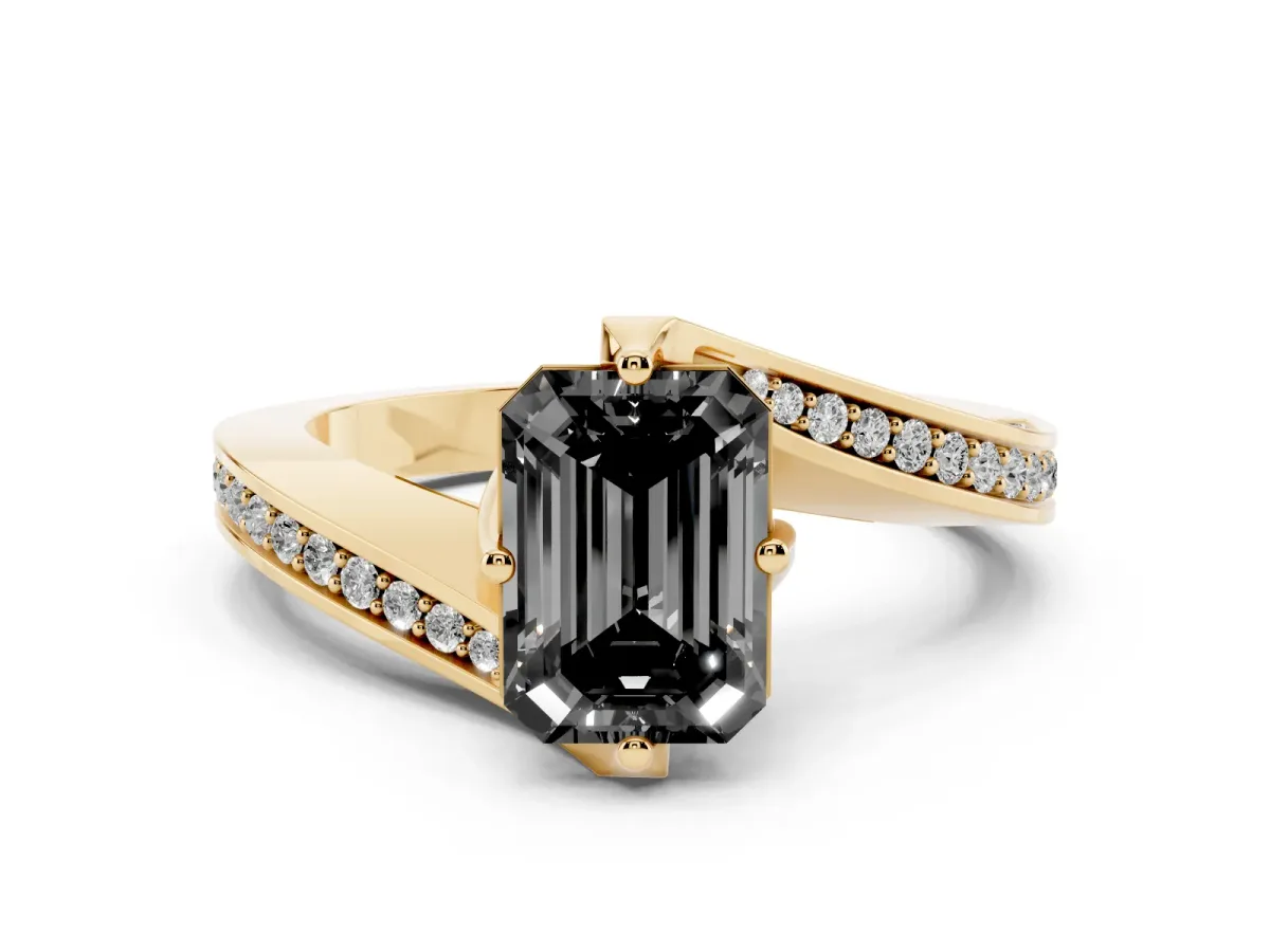 Fancy Black Emerald Cut Solitaire Diamond Twist Band with Pavé Setting and Four-Prong Setting Yellow gold
