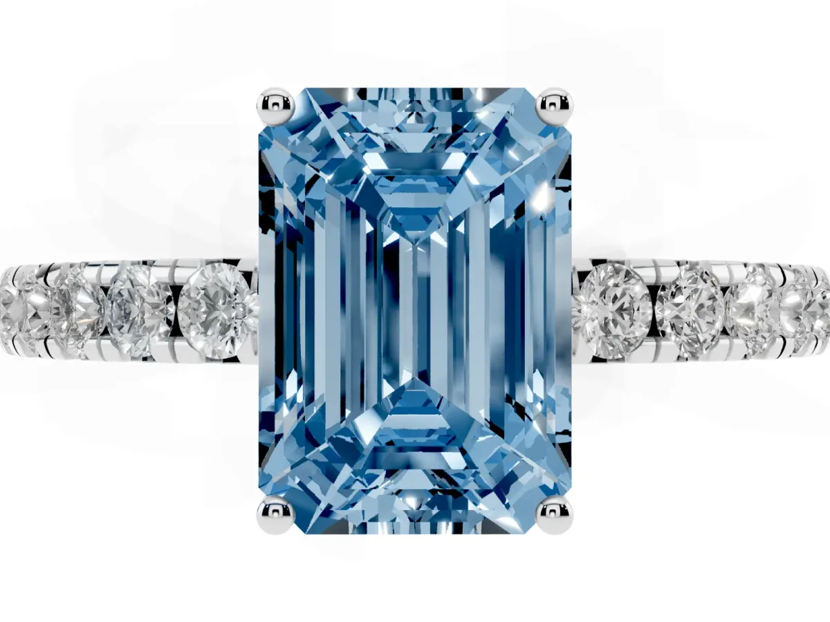 Fancy Blue Emerald Cut Diamond Pavé Solitaire Engagement Ring with Four-Prong Setting Platinum