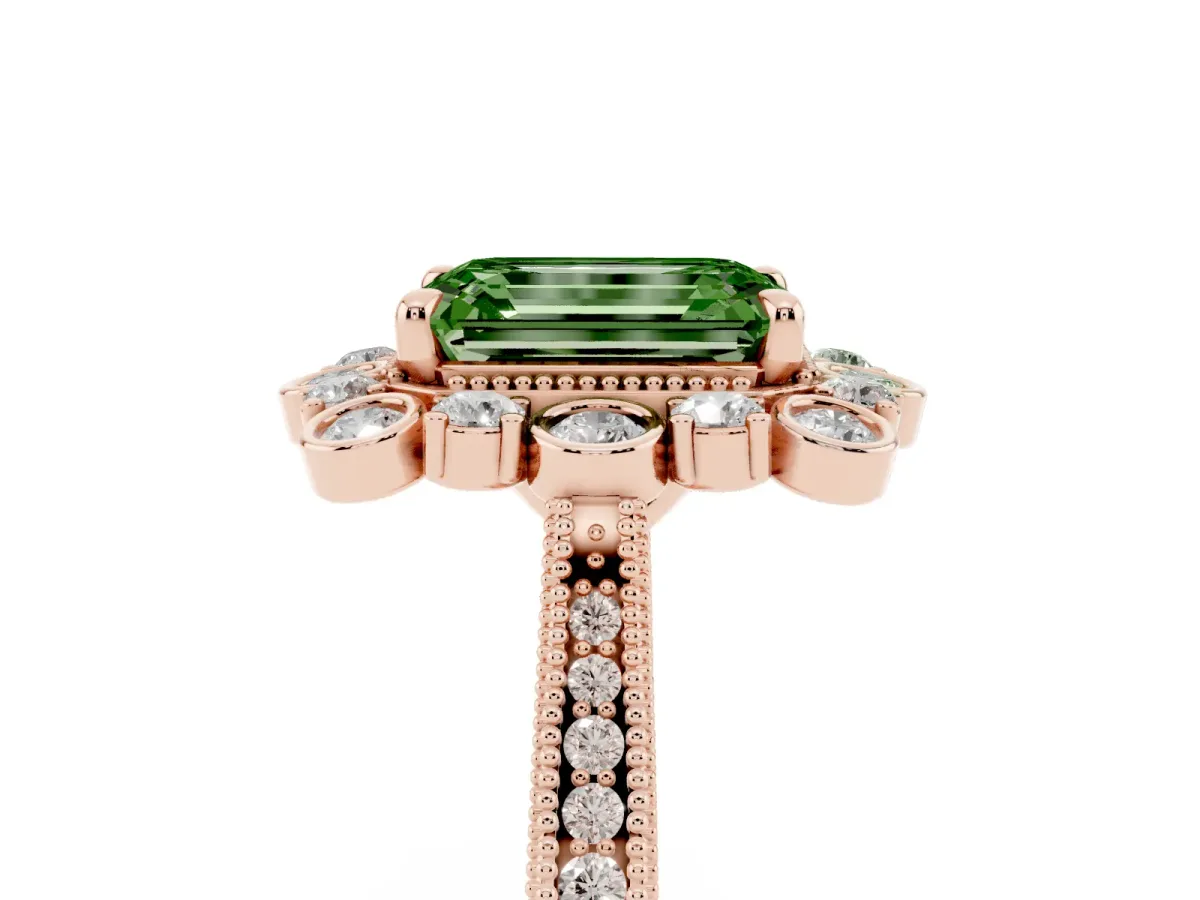 Fancy Green Emerald Cut Halo Milgrain Pave Diamond Ring with Four-Prong Setting Rose gold