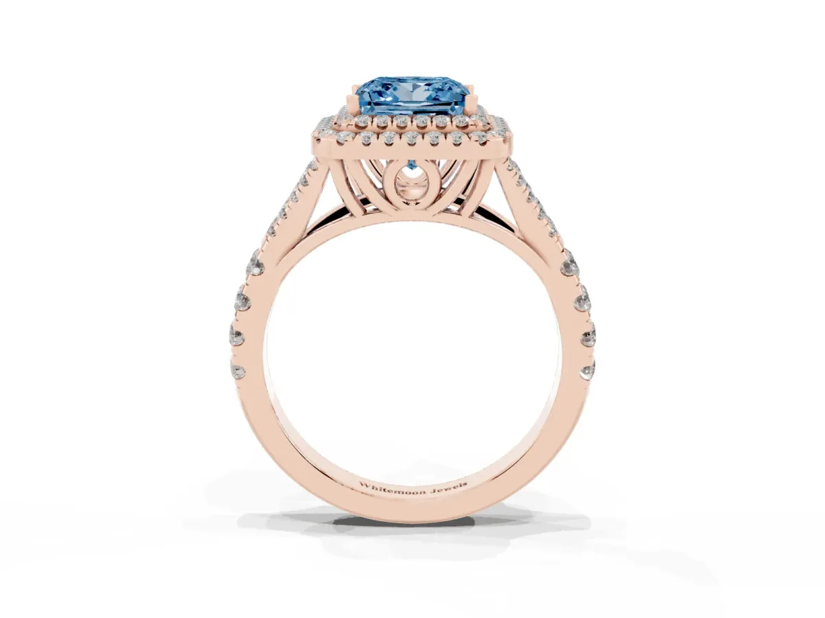 Fancy Blue Princess Cut Diamond Pavé Split Shank Double Halo Engagement Ring Rose gold