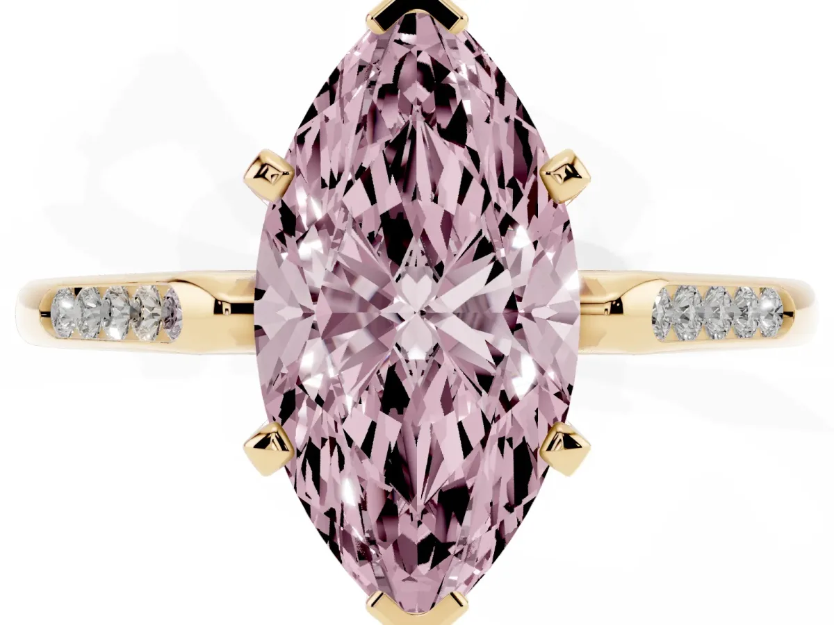 Fancy Pink Marquise Cut Diamond Solitaire Ring with Channel Set Round Band and Prong Setting Yellow gold