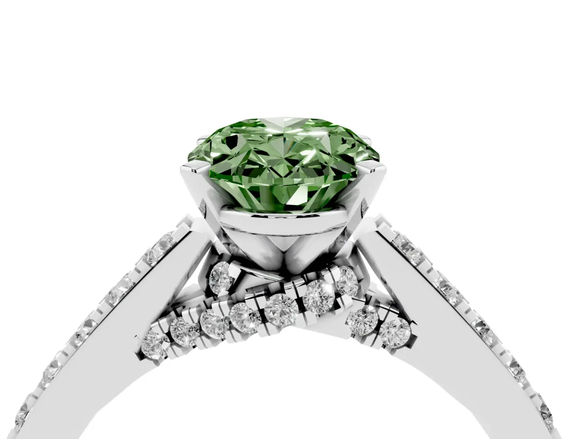 Fancy Green Oval Cut Diamond Solitaire Ring with Crossover Gallery and Round Pavé Band White gold