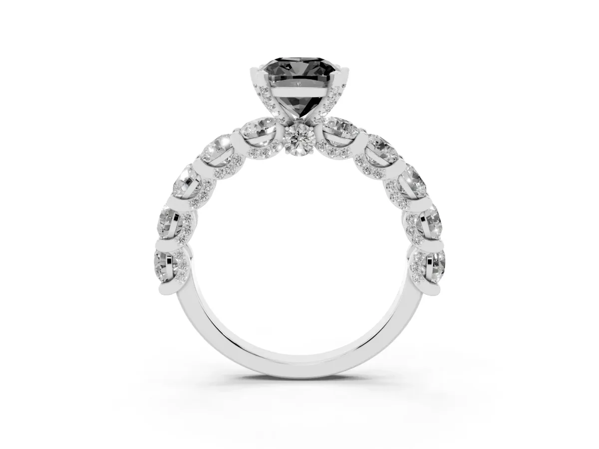 Fancy Black Cushion Cut Diamond Side Stone Engagement Ring with Four-Prong Setting Silver