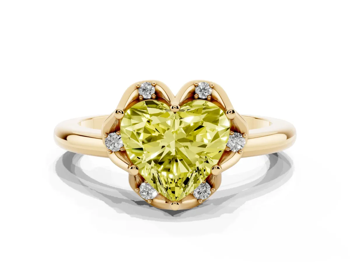 Fancy Yellow Heart Cut Halo Diamond Ring with Round Cluster Setting, Solitaire Band, and Four-Prong Setting Yellow gold