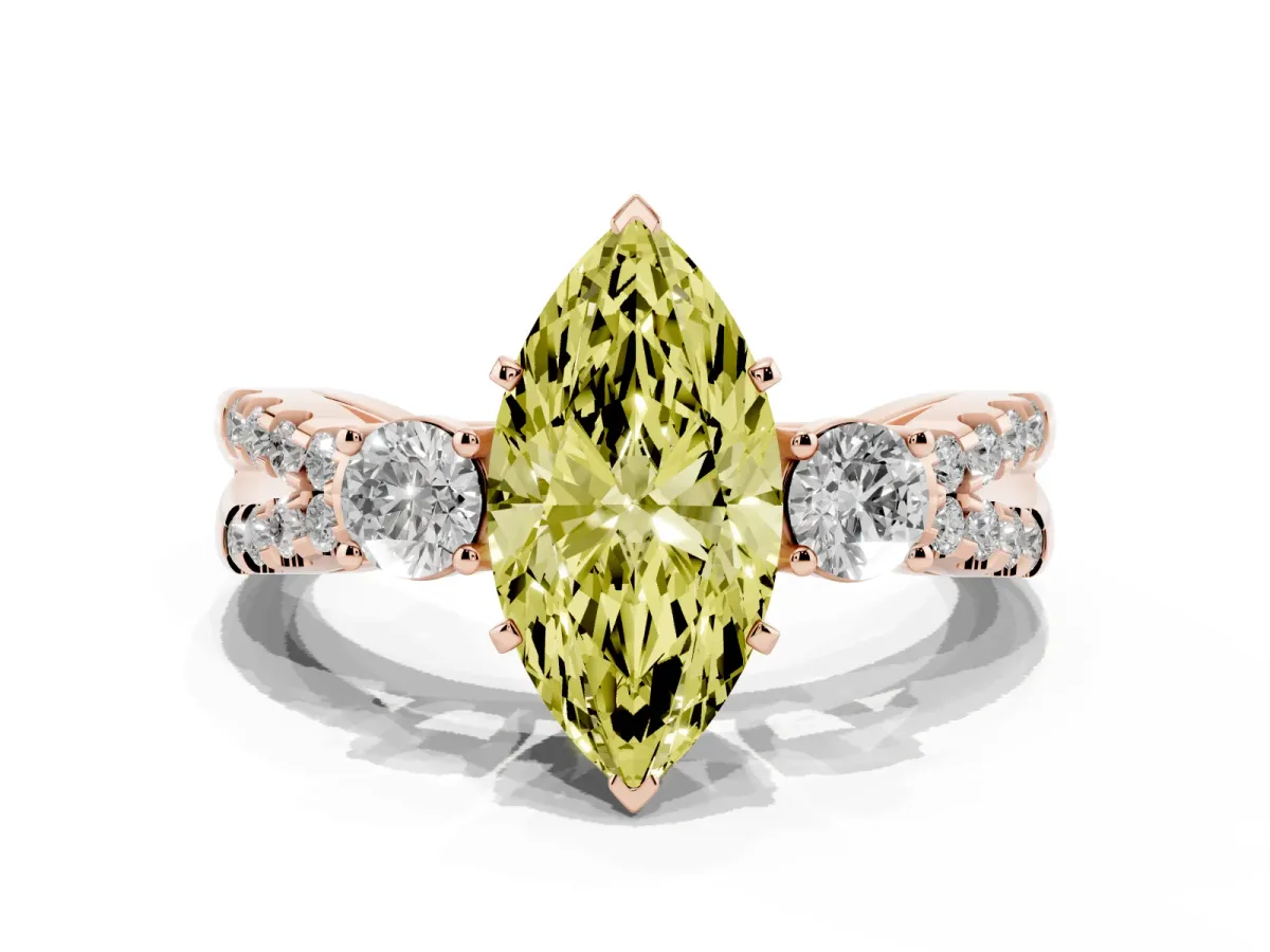 Fancy Yellow Marquise Cut Diamond Three-Stone Ring with Pavé Split Shank and Four-Prong Setting Rose gold