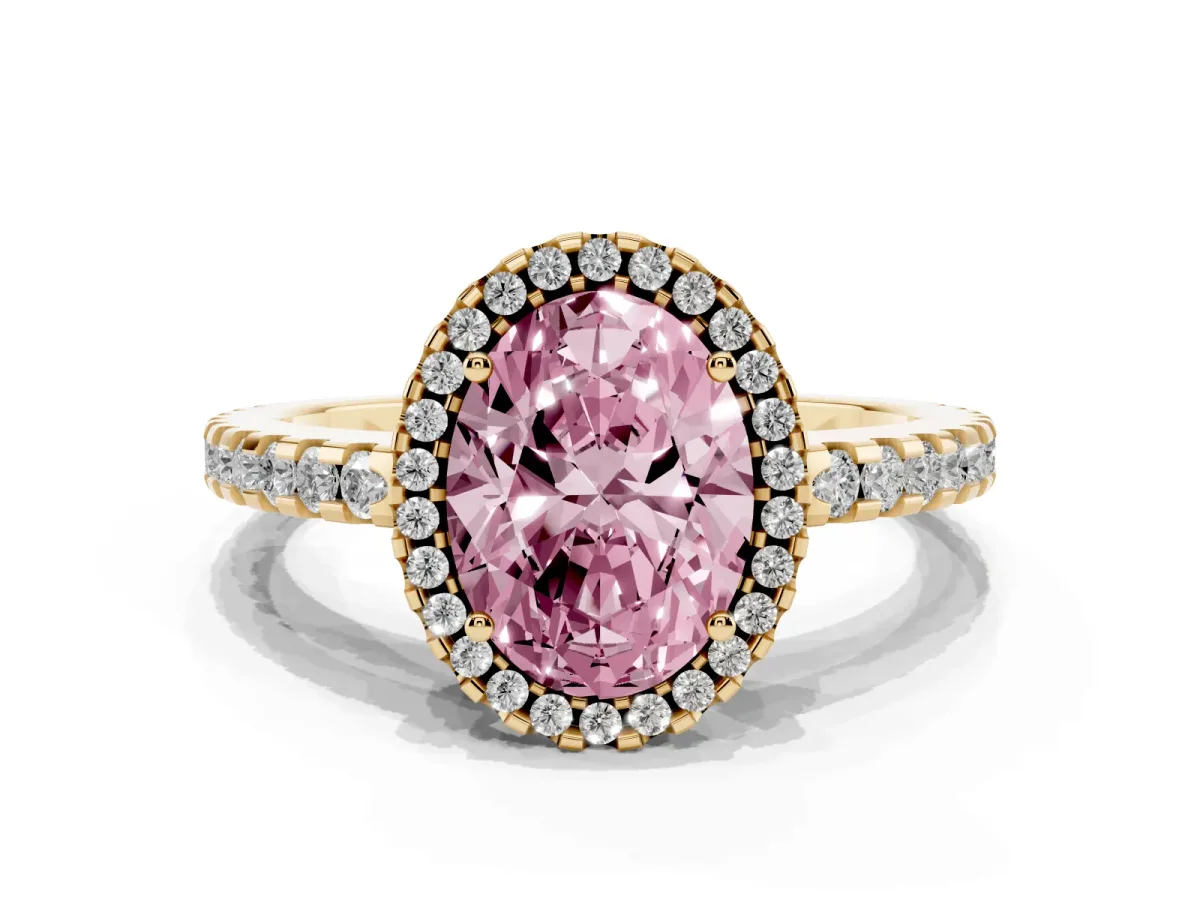 Fancy Pink Oval Cut Diamond Halo Engagement Ring with Pavé Band and Prong Setting Yellow gold