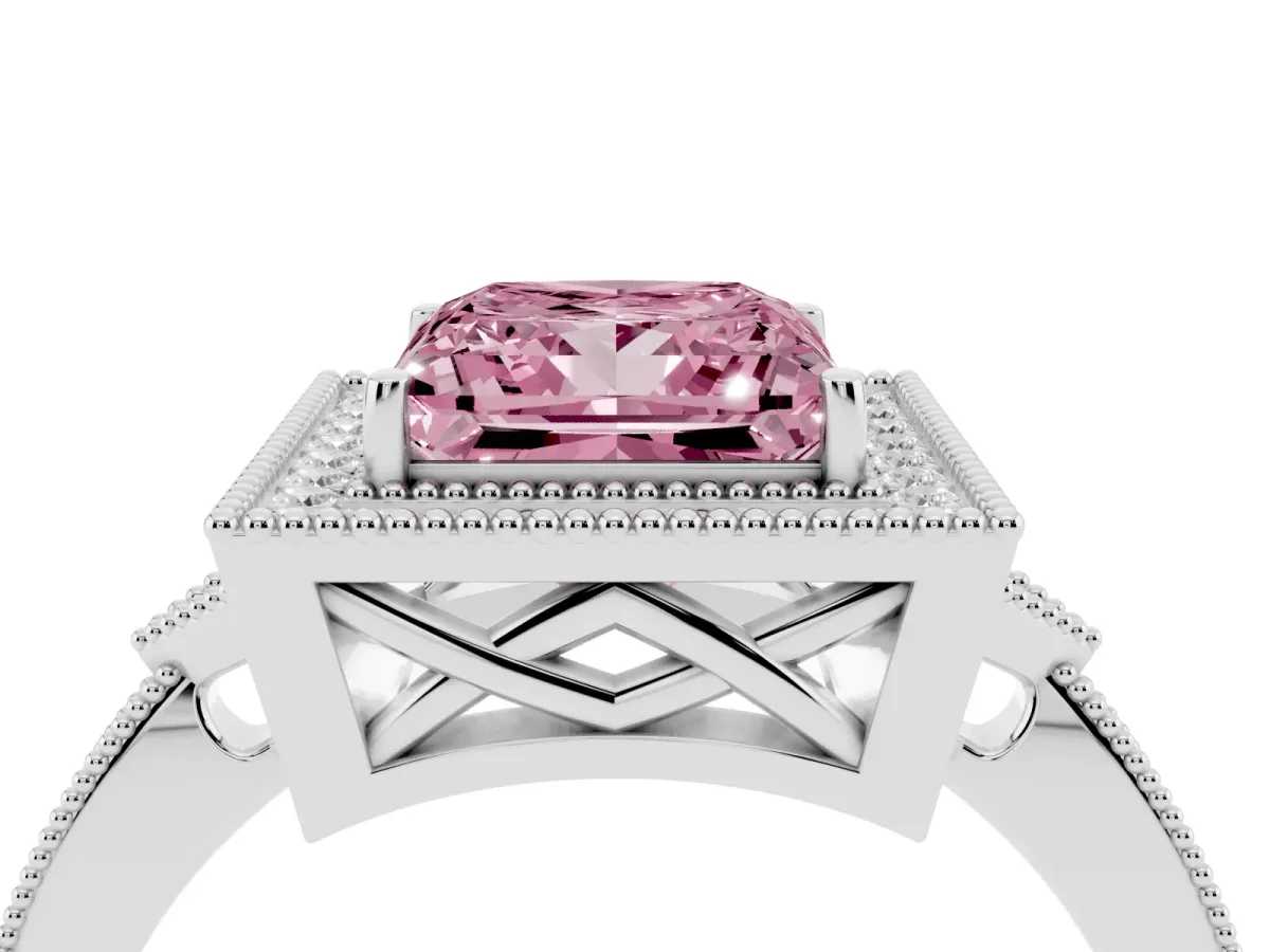 Fancy Pink Princess Cut Halo Round Diamond Milgrain Pave Engagement Ring White gold