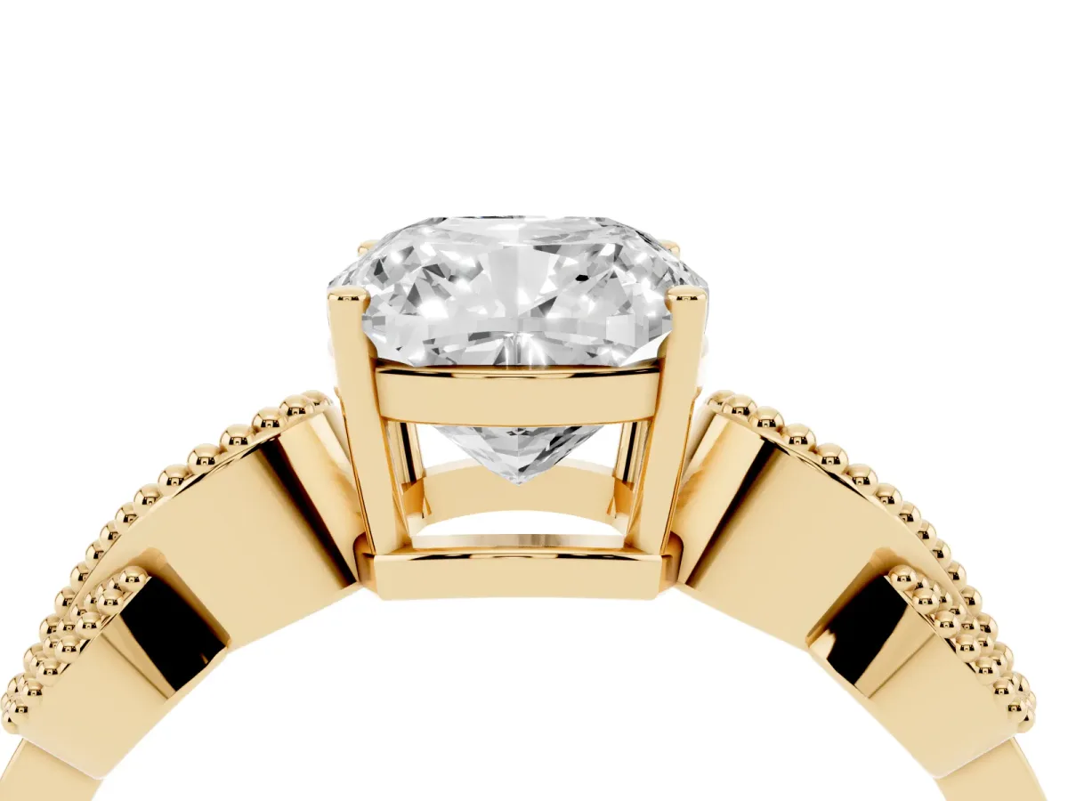 Cushion Cut Solitaire Milgrain Leaf Band with Prong Setting Yellow gold