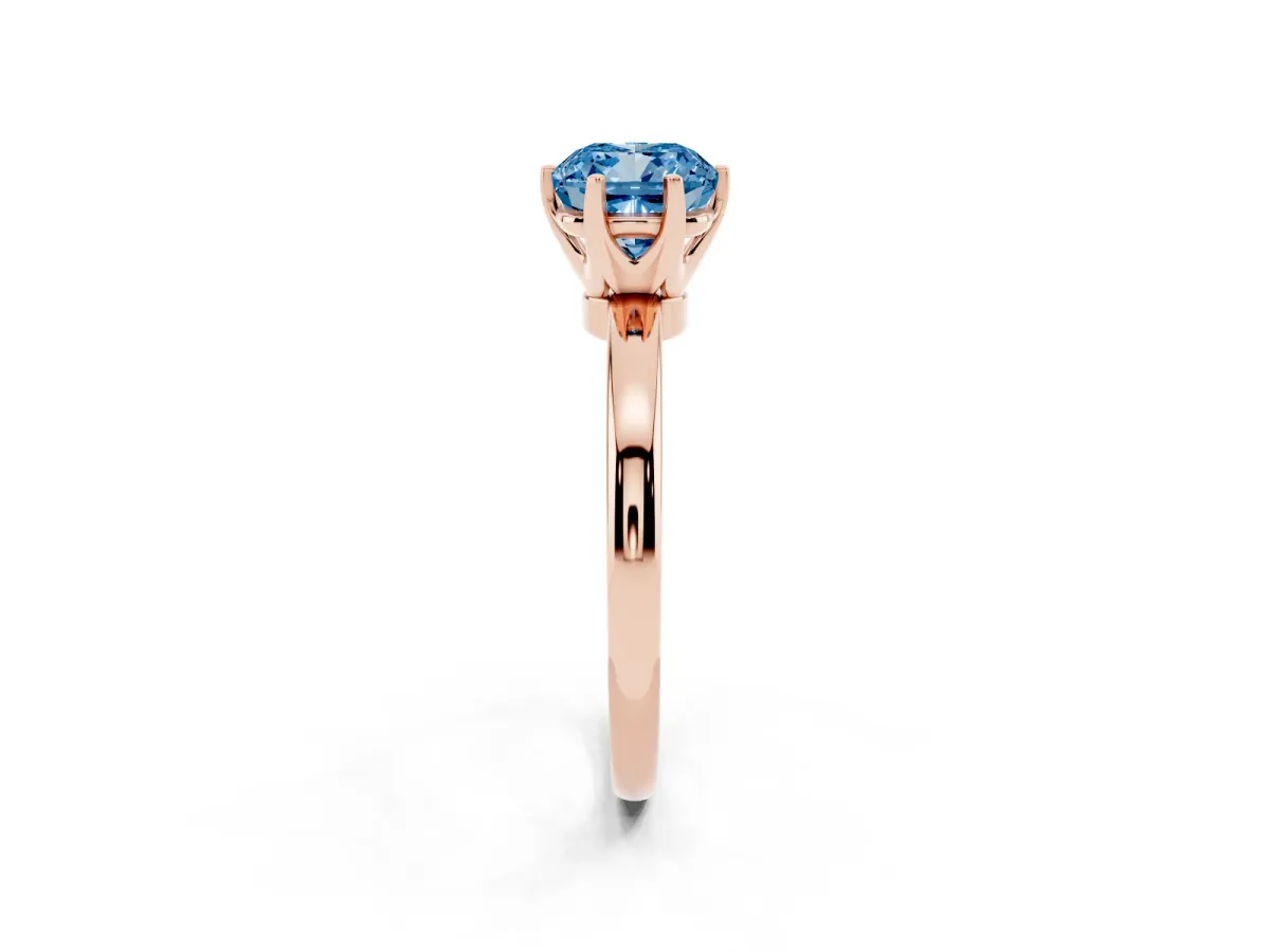 Fancy Blue Cushion Cut Solitaire Diamond Ring with Six-Prong Setting on a Classic Band Rose gold