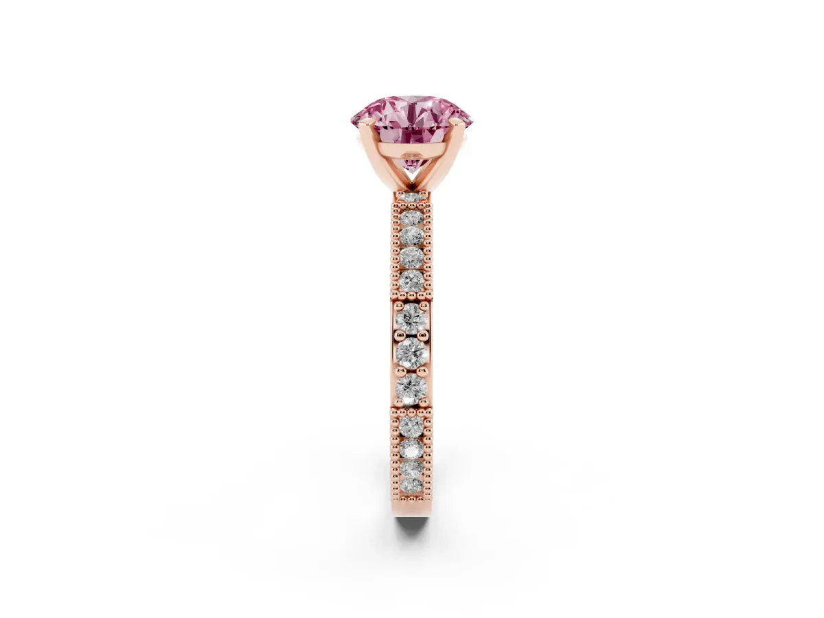 Fancy Pink Round Cut Solitaire with Pavé Band and Four-Prong Setting Rose gold