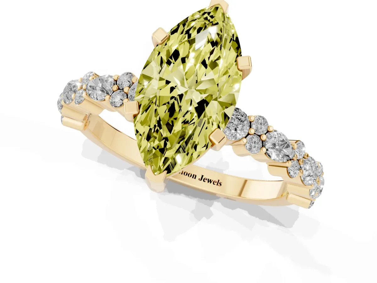 Fancy Yellow Marquise Cut Diamond Side Stone Solitaire Ring with Round and Four-Prong Setting Yellow gold