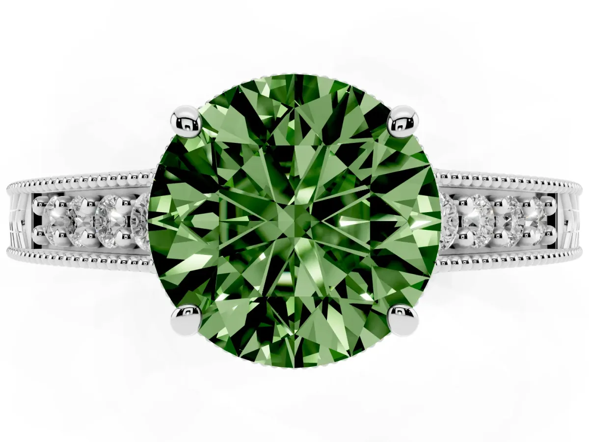 Fancy Green Round Cut Solitaire Pavé Diamond Milgrain Engagement Ring with Four-Prong Setting Silver