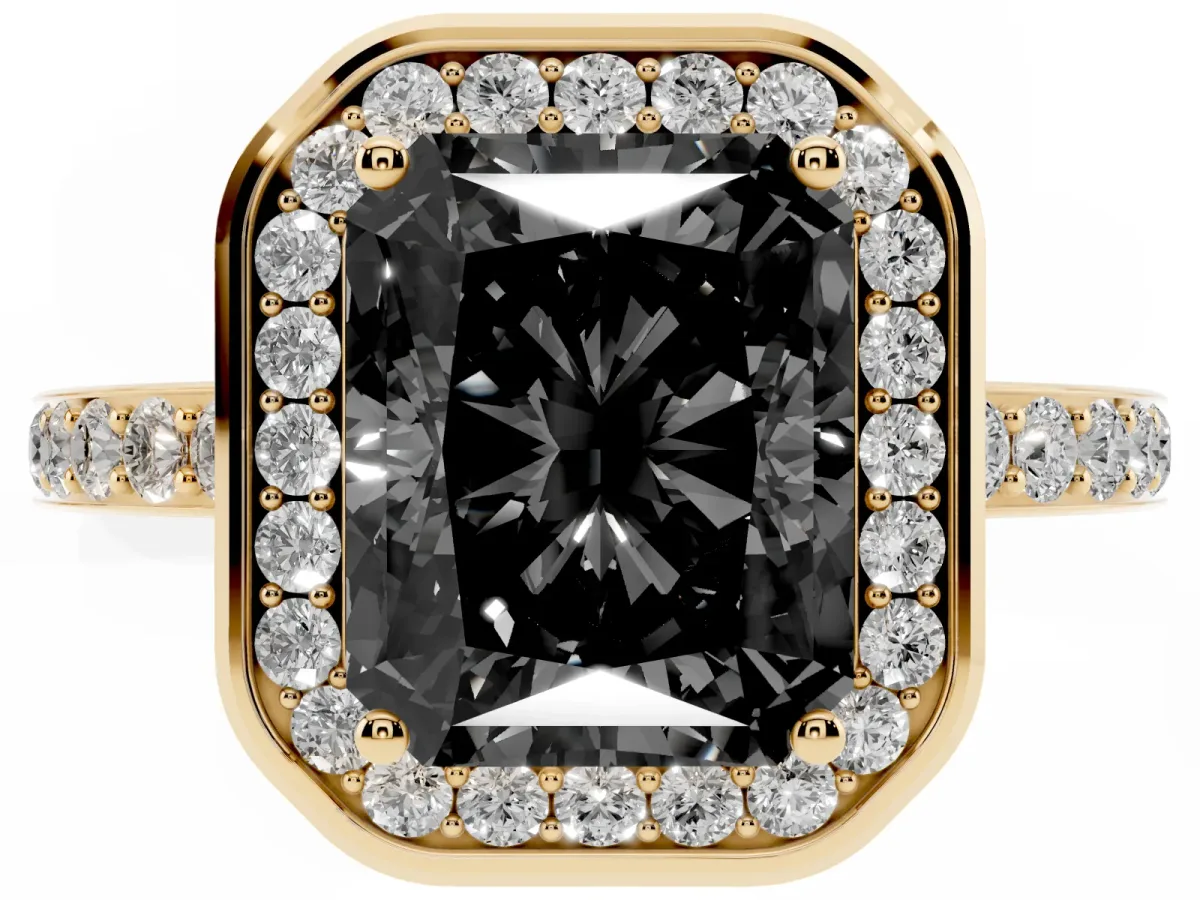 Fancy Black Radiant Cut Diamond Halo Ring with Bezel Frame and Pavé Band Yellow gold