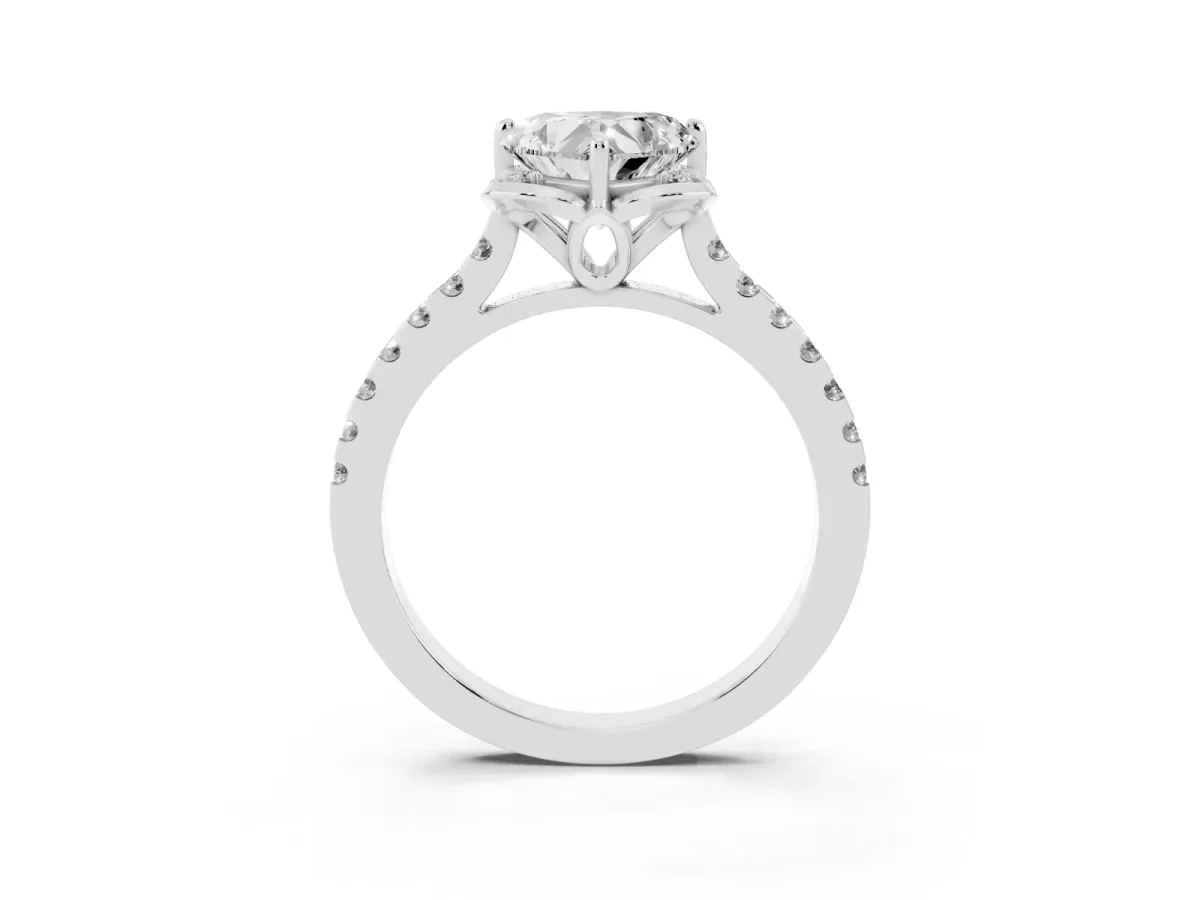 Heart Cut Diamond Ring with Pavé Band and Floral Prong Setting White gold