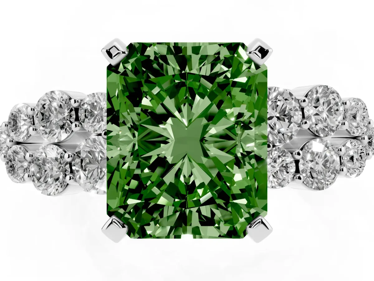 Fancy Green Radiant Cut Cluster Diamond Engagement Ring with Pavé Band and Four-Prong Setting Platinum
