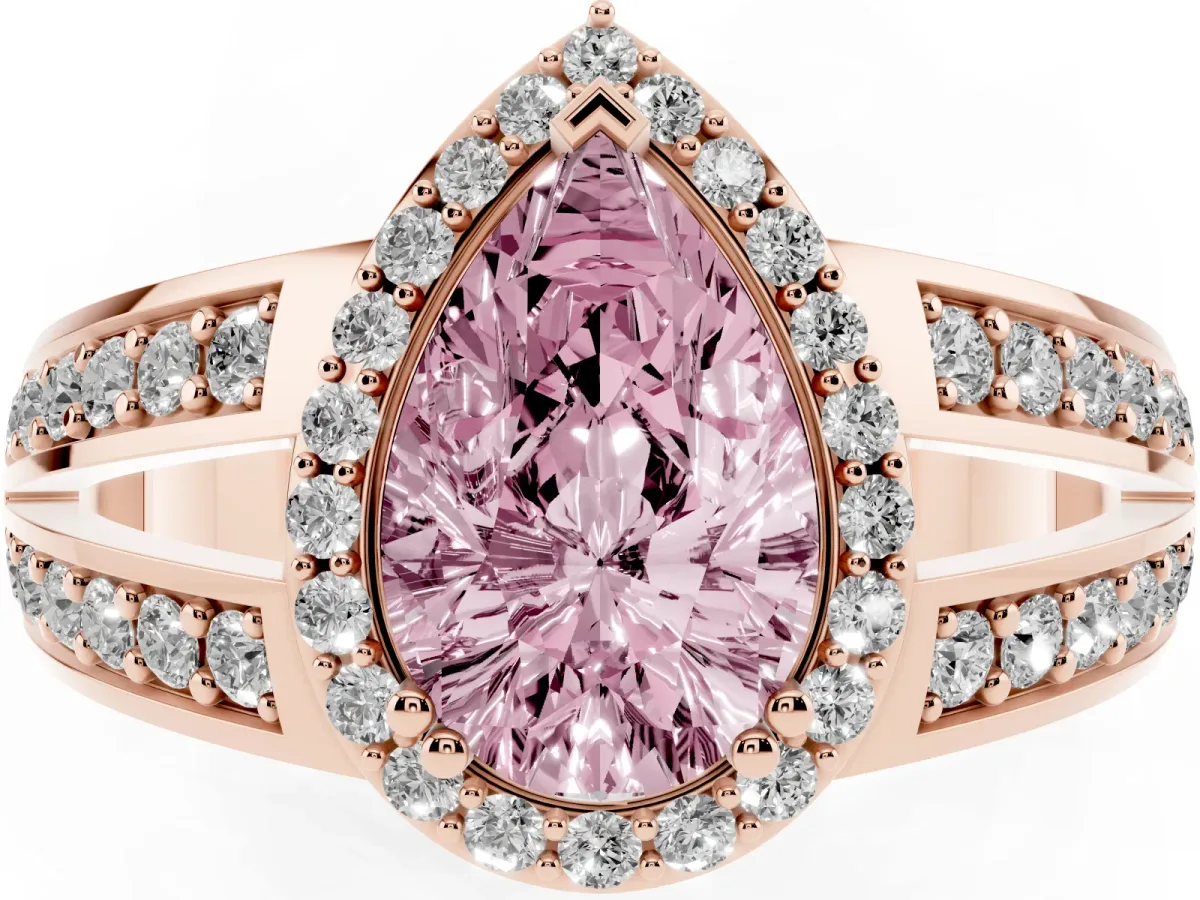 Fancy Pink Pear Cut Diamond Halo Ring with Split Shank Pavé Band and Four-Prong Setting Rose gold